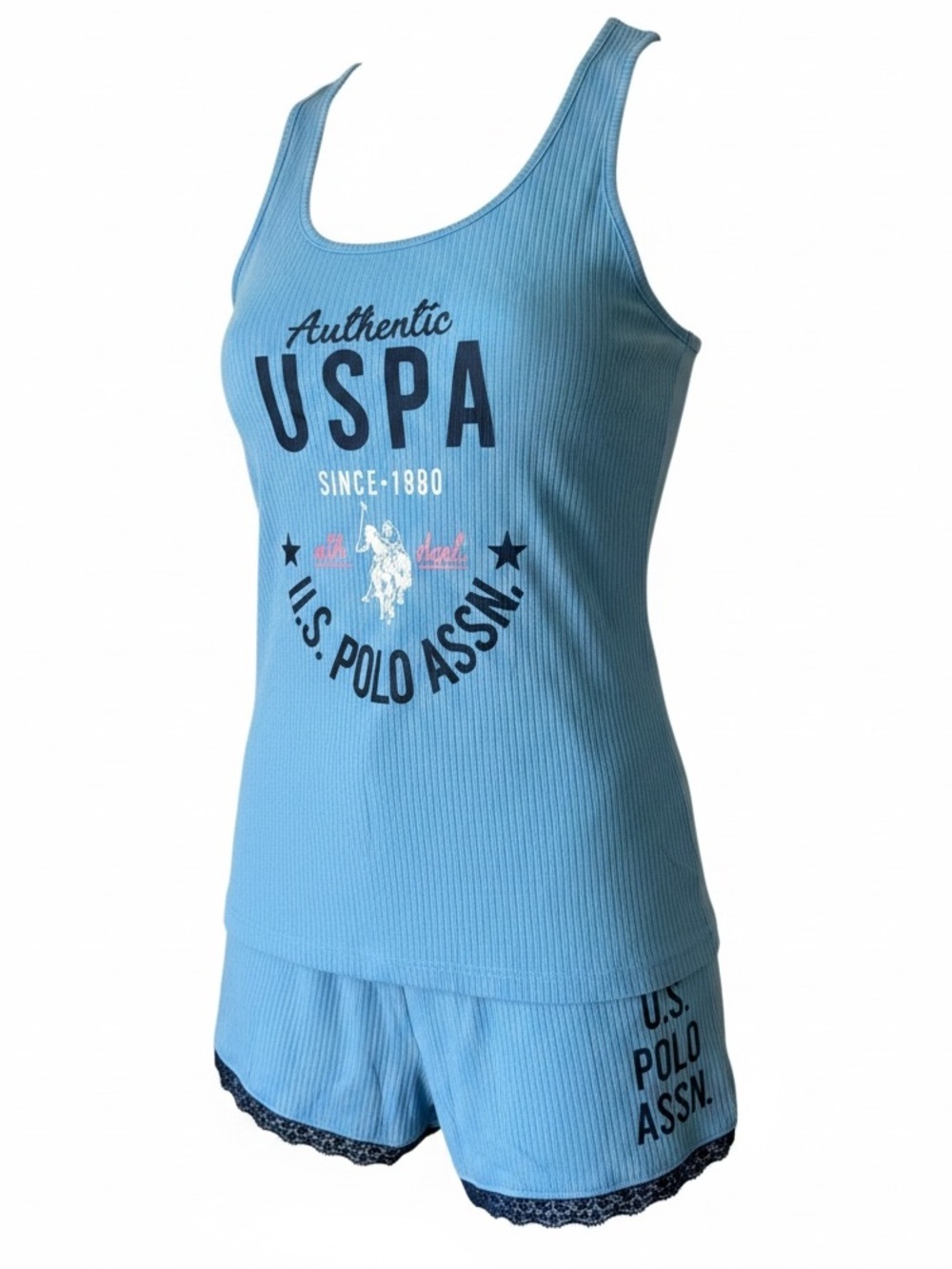 U.S. Polo Assn Blue Ribbed Pajama Tank And Shorts Set